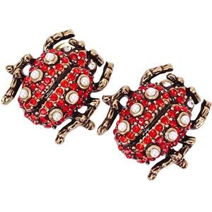 Signed Heidi Daus Ladybug Clip On Earrings Red White Rhinestone Vintage Whimsy